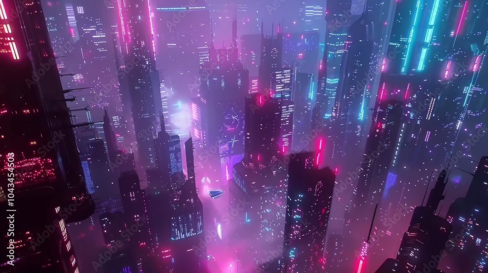 Obraz premium Cyberpunk skyline with giant neon billboards