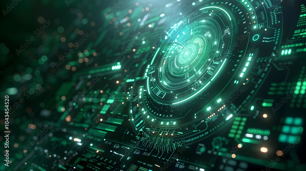 Futuristic HUD Interface with Glowing Green Neon Sphere and Technological Background Futuristic HUD Interface with Glowing Green Neon Sphere and Technological Background