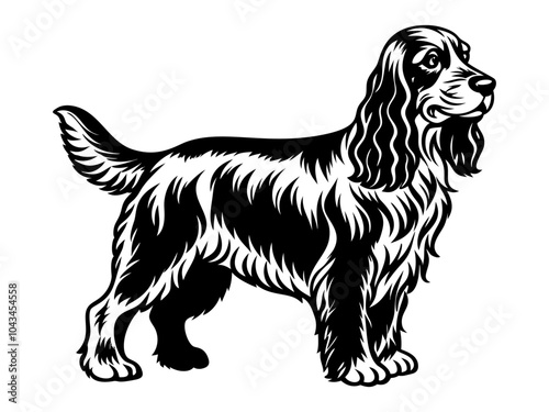 cocker spaniel dog full body icon. Black and white logo, dog silhouette, engraving style. Pet character. Vector illustration