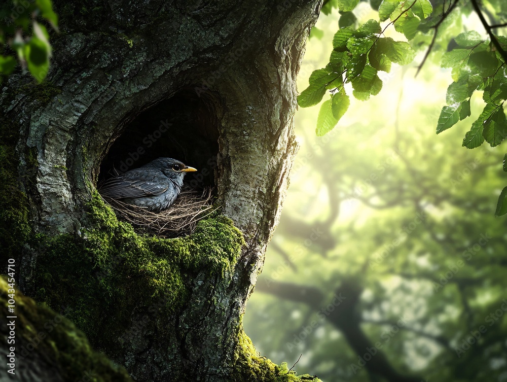 A serene moment of a bird sitting in its nest within a tree hollow, surrounded by lush green foliage and soft sunlight filtering through. A serene moment of a bird sitting in its nest within a tree hollow, surrounded by lush green foliage and soft sunlight filtering through.