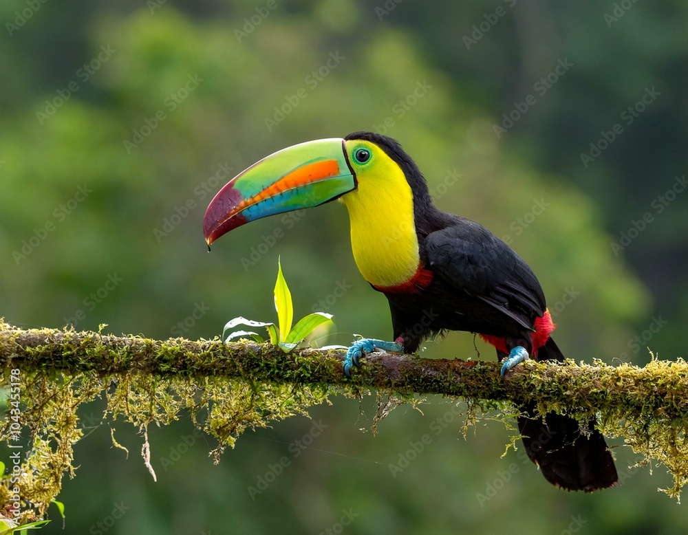 Keel-billed Toucan portrait on mossy stick against dark green background Keel-billed Toucan portrait on mossy stick against dark green background