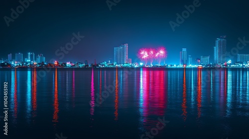 A picturesque view of fireworks erupting over the famous Pattaya Bay, creating a stunning visual spectacle for onlookers