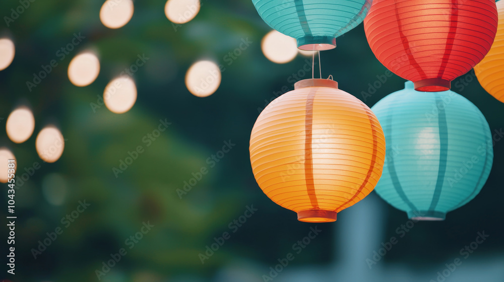 Fototapeta premium Colorful lanterns illuminating a festive atmosphere with soft glows and vibrant hues in an outdoor setting
