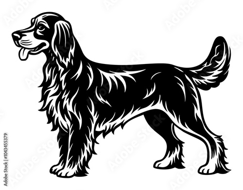 gordon setter dog full body icon. Black and white logo, dog silhouette, engraving style. Pet character. Vector illustration