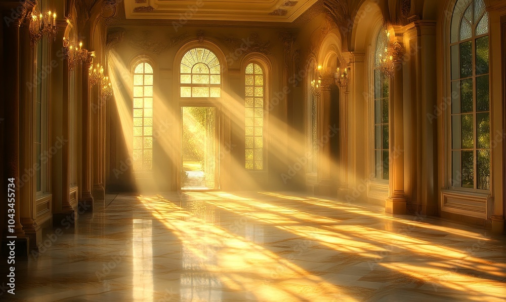 Fototapeta premium Sunbeams through arched windows in a grand hall.