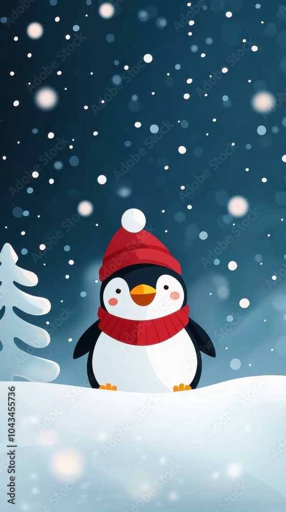 Naklejka premium A cheerful cartoon penguin wearing a red hat and scarf stands in a snowy winter landscape, surrounded by snowflakes and a fir tree, creating a delightful seasonal atmosphere.
