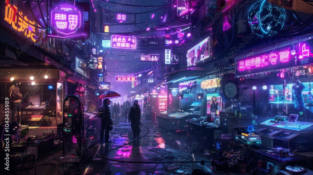 Obraz premium Cyberpunk street food vendor under neon lights