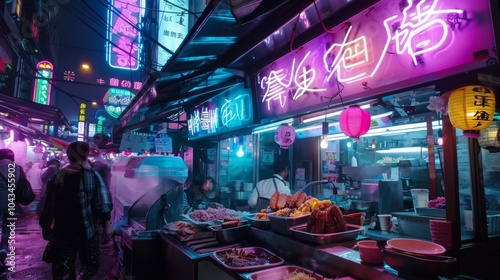 Cyberpunk street food vendor under neon lights