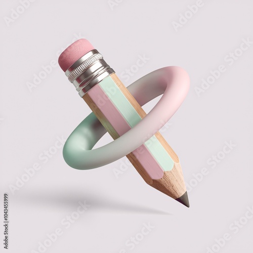 A colorful pencil with a playful design, surrounded by a stylish ring. Perfect for education, creativity, and artistic projects. Isolated on white background. photo