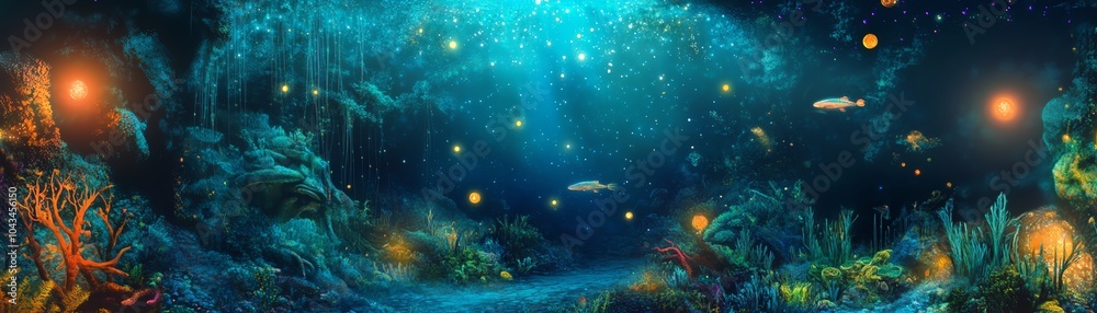 Fototapeta premium A breathtaking panoramic view of a fantasy world merging with intricate scientific landscapes