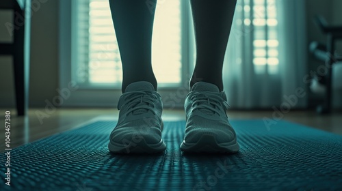 A person stands on a yoga mat, ready to exercise. The light from the window illuminates their white sneakers.