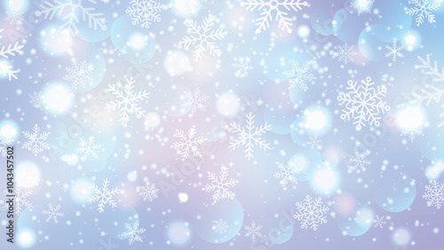 Winter background with falling snowflakes and shimmering lights on a soft blue and pink gradient. vector illustration.