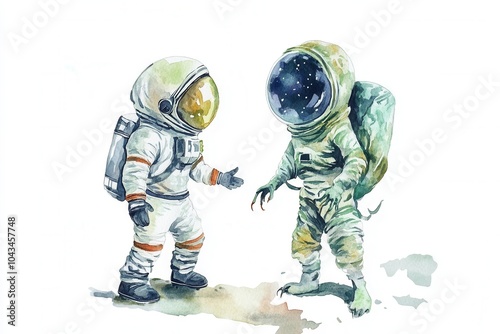 Watercolor Illustration of Two Astronauts Meeting on a Planet