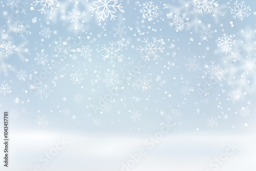 A wintery scene with falling snowflakes over a snowy ground on a light blue gradient.