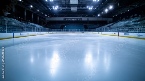 Empty ice hockey arena with freshly prepared rink.