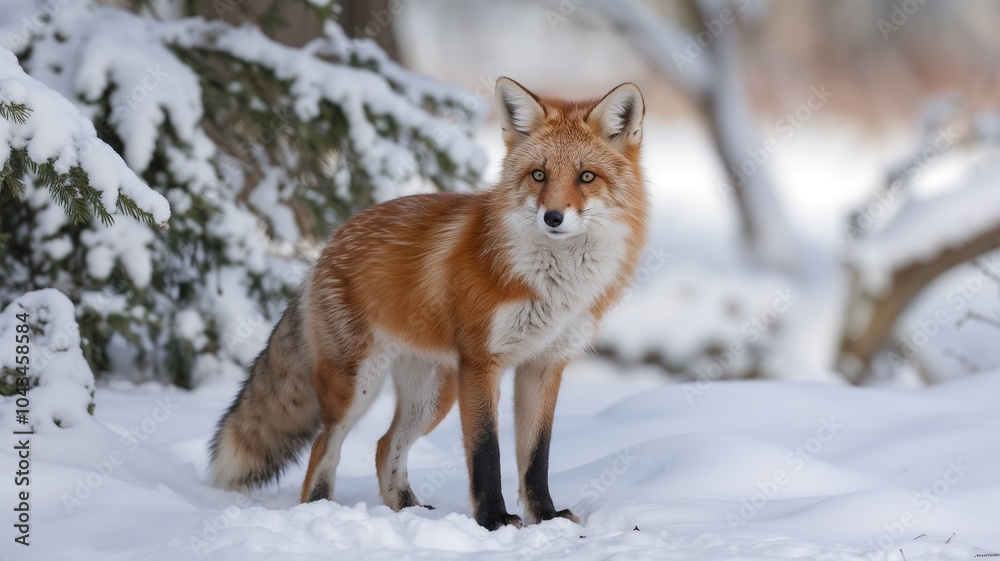 A majestic red fox standing in snow with a winter coat and bright eyes in a snowy landscape A majestic red fox standing in snow with a winter coat and bright eyes in a snowy landscape
