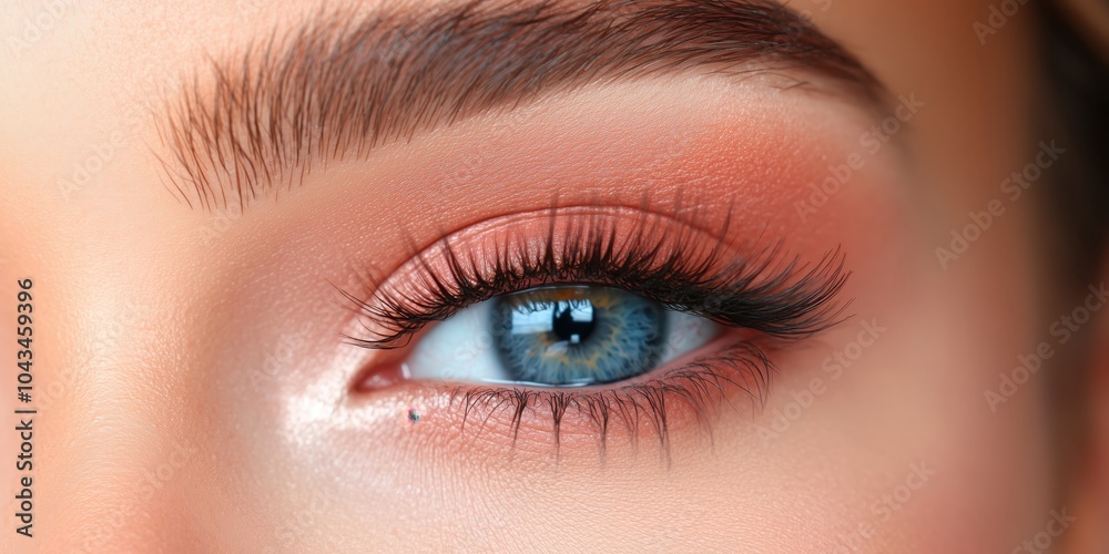 Fototapeta premium Captivating beauty of a blue eye highlighted by soft makeup at golden hour close-up