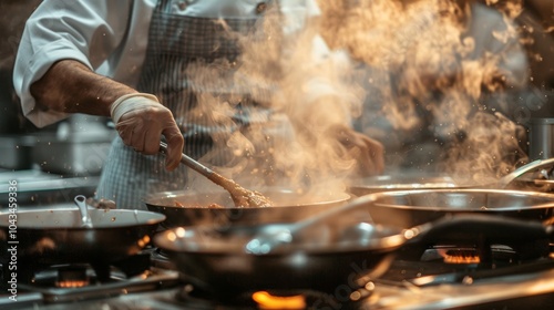 A chef stirs a sizzling dish in a bustling kitchen during dinner service while steam rises from various pans