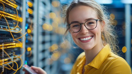 A cheerful young woman interacts with server equipment in a modern data center. Her bright smile and professional demeanor highlight her role in technology and connectivity.