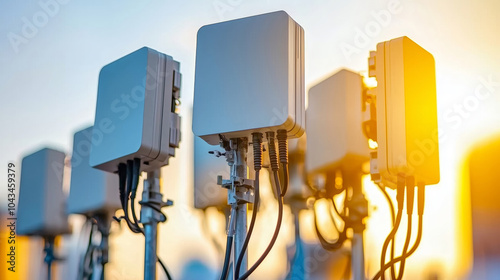 A cluster of modern communication antennas against a stunning sunset backdrop, showcasing technology and infrastructure in an urban environment.