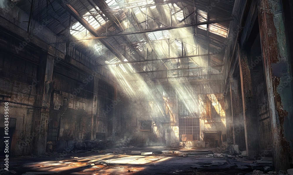 Sunbeams illuminate a dilapidated factory. Sunbeams illuminate a dilapidated factory.