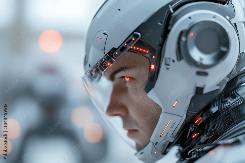 In a dramatic close-up, a focused cyborg with dynamic red lighting effects showcases intricate details of its robotic design, symbolizing technological precision.