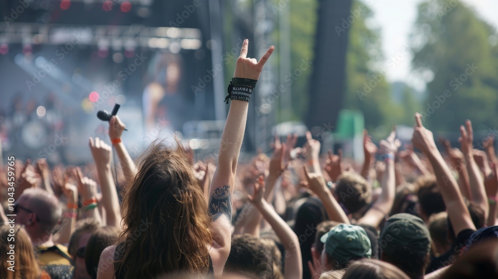 Fototapeta premium Rock festival crowd under a sunset sky