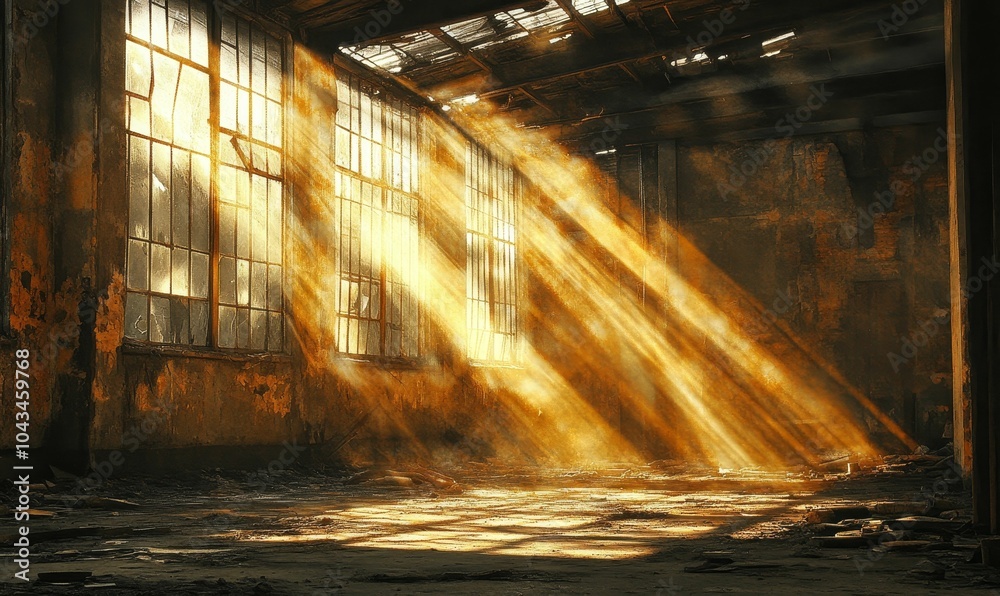 Fototapeta premium Sunbeams through windows illuminate a derelict factory.