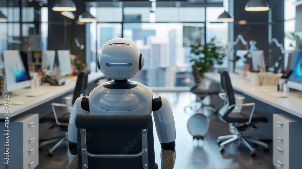 Fototapeta premium Sleek robot assistant helping in an office environment