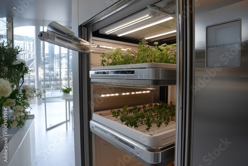 A smart indoor garden with automated lighting nurturing herbs, housed within a sleek futuristic kitchen setting, blending nature with technology harmoniously. photo