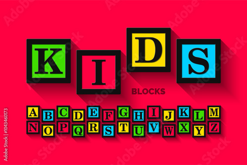 Kids. Construction blocks font, alphabet, letters and numbers vector illustration