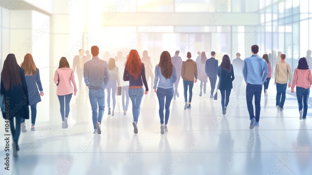 A diverse group of people walking through a bright, modern hallway, creating a sense of movement and collaboration in a business environment. A diverse group of people walking through a bright, modern hallway, creating a sense of movement and collaboration in a business environment.