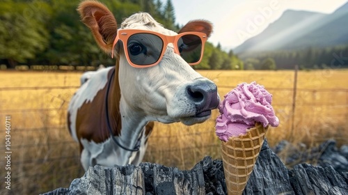 A brown and white cow wearing sunglasses enjoys a purple ice cream cone in a sunny rural landscape surrounded by mountains
