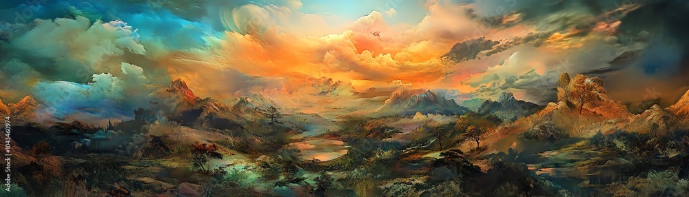 Dreamy landscape with vibrant colors, clouds, and distant mountains. Perfect for fantasy, magical, and ethereal themes. Dreamy landscape with vibrant colors, clouds, and distant mountains. Perfect for fantasy, magical, and ethereal themes.