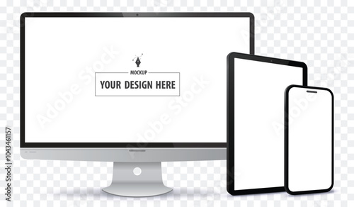 Desktop Computer, Tablet PC and Mobile Phone Screen Perspective View Mockup. Digital devices template vector illustration with transparent background.