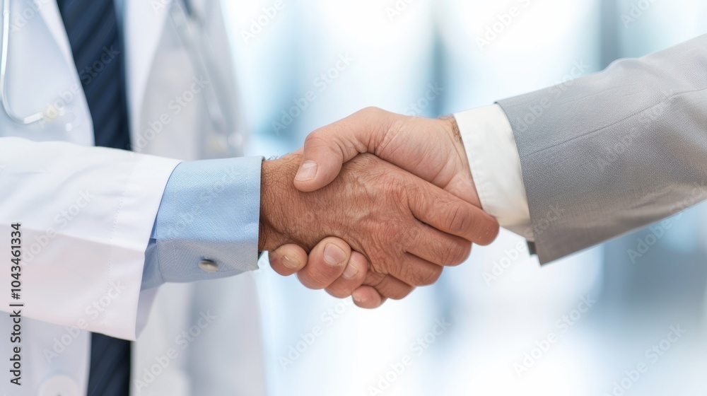 A healthcare professional and a business partner shake hands to signify a collaborative agreement in a modern medical facility