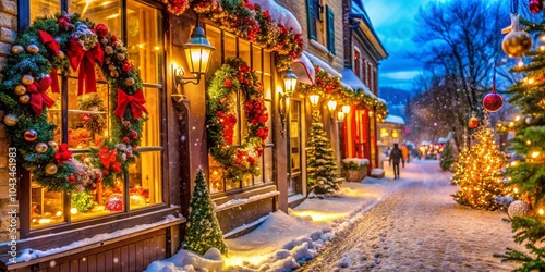 Festive Christmas Street Scene with Twinkling Lights and Holiday Decorations