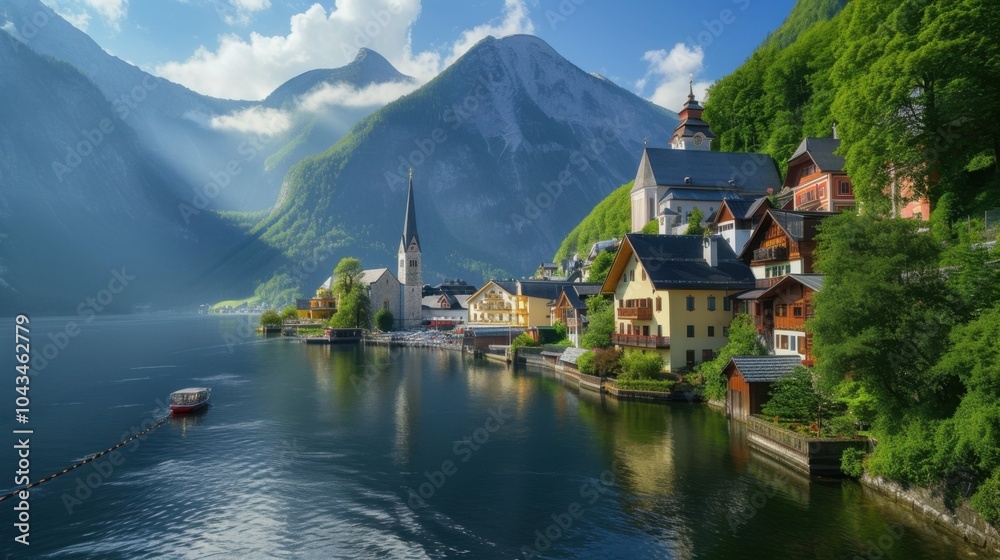Fototapeta premium A quaint town with a beautiful lake and majestic mountains