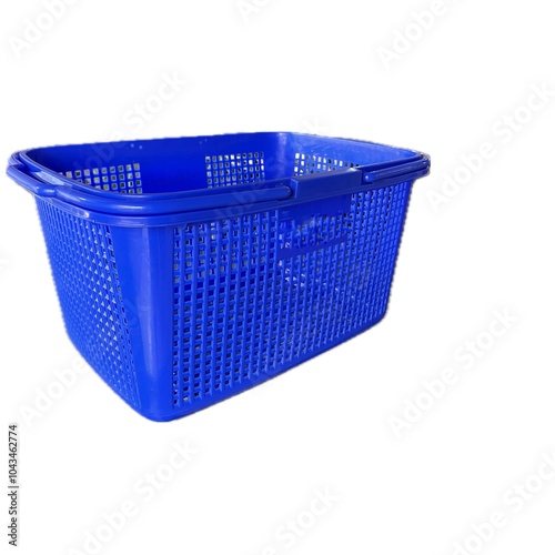 Empty blue plastic shopping basket for groceries isolated on white background