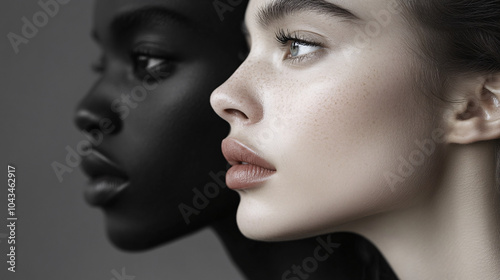 Side Profile Portrait of Two Women with Contrasting Skin Tones, Diversity and Unity Representation in a Beauty and Fashion Theme photo