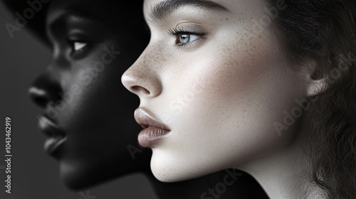 Side Profile Portrait of Two Women with Contrasting Skin Tones, Diversity and Unity Representation in a Beauty and Fashion Theme photo