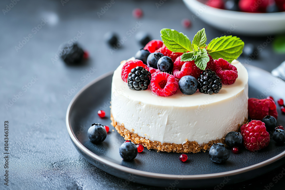Deliciously decadent berry cheesecake with fresh mint garnish on a stylish plate Deliciously decadent berry cheesecake with fresh mint garnish on a stylish plate