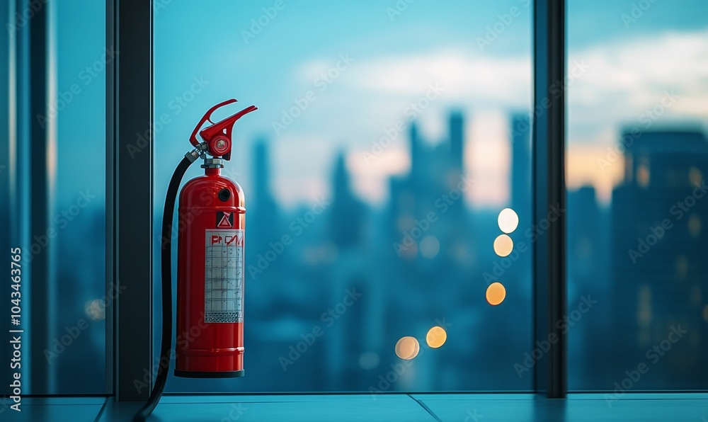 Naklejka premium Red fire extinguisher in front of city window.