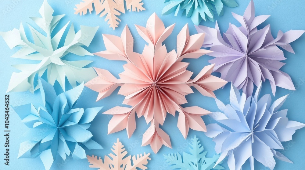 Delicate paper snowflakes in pastel colors on blue background displaying a creative winter theme Delicate paper snowflakes in pastel colors on blue background displaying a creative winter theme