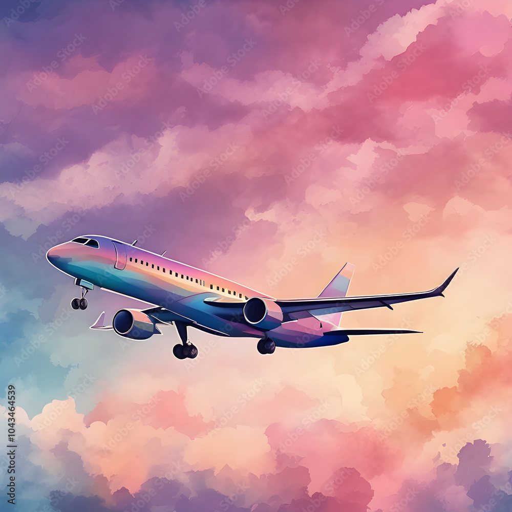 Watercolor seamless pattern of a sky with the shadow of an airplane passing by in the evening. Watercolor seamless pattern of a sky with the shadow of an airplane passing by in the evening.