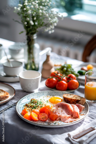 breakfast with sunny side up egg, tomato, bread and ham