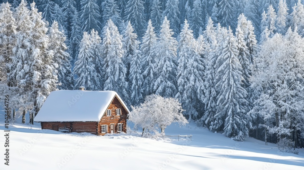 A peaceful winter scene with snow-covered trees and a cozy cabin, embodying warmth and comfort during the cold season. A peaceful winter scene with snow-covered trees and a cozy cabin, embodying warmth and comfort during the cold season.