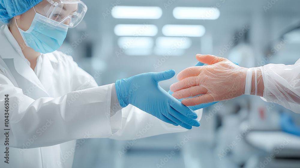 healthcare professional in protective gear is reaching out to shake hands with patient, symbolizing care and support in medical environment