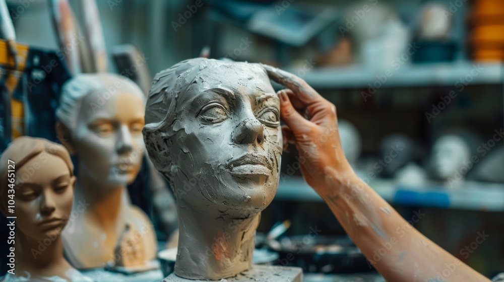 A sculptor meticulously details a clay head in a bustling art studio filled with unfinished artworks A sculptor meticulously details a clay head in a bustling art studio filled with unfinished artworks