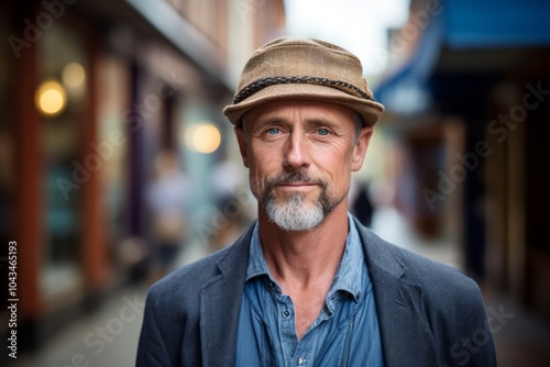 Portrait of a senior man in a hat on a city street.